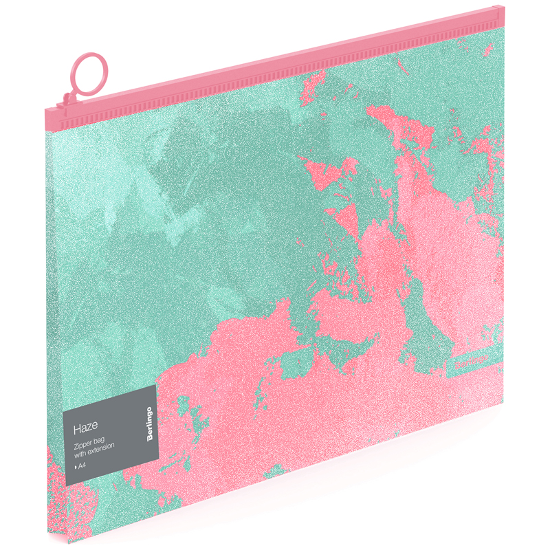 Папка-конверт на молнии с расширением Berlingo "Haze" А4, 180мкм, мятная/розовая, с рисунком, с эффектом блесток