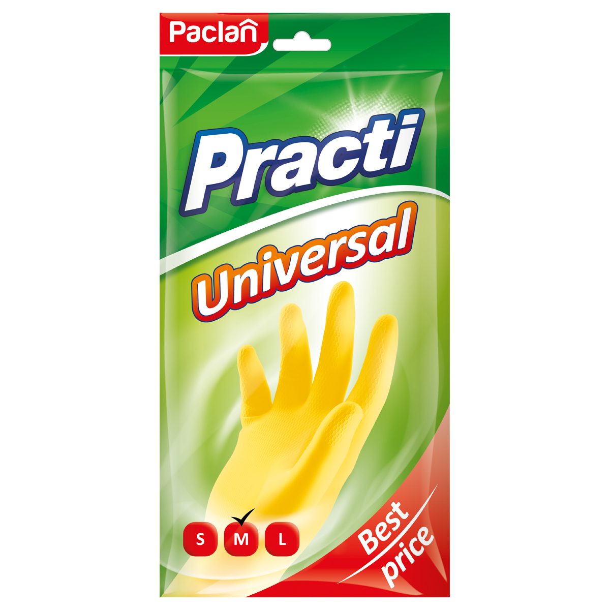 Перчатки резиновые хозяйственные Paclan "Practi. Universal", разм. М, х/б напыление, желтые, пакет с европодвесом