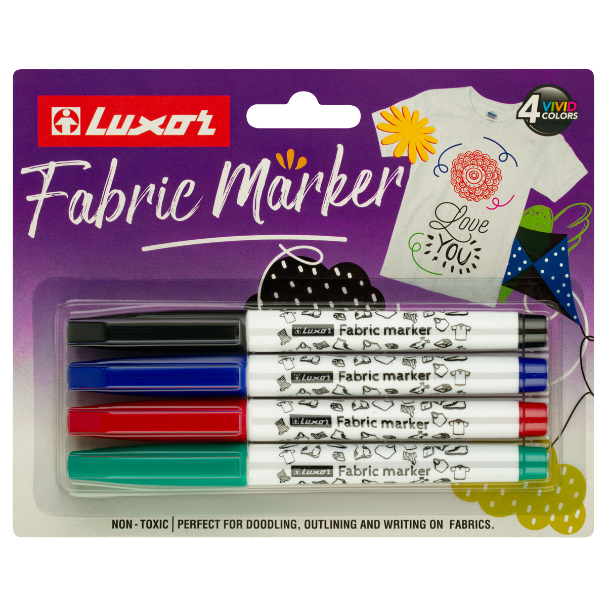 Набор маркеров для ткани Luxor "Fabric", пулевидный, 1-2мм, 4цв., блистер