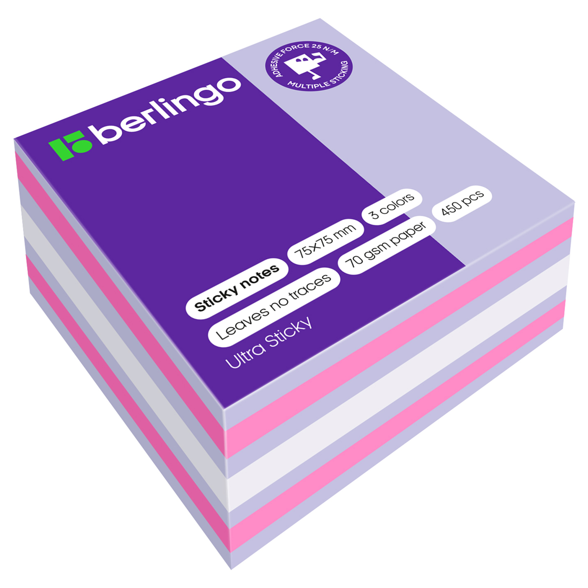 Самоклеящийся блок Berlingo "Ultra Sticky", 75*75мм, 450л., 3 цвета