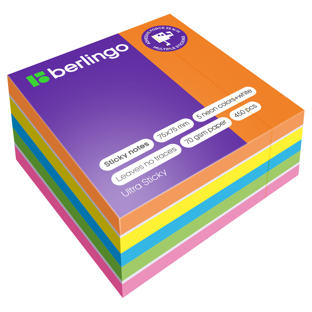 Самоклеящийся блок Berlingo "Ultra Sticky", 75*75мм, 450л., 5 неоновых цветов + 1 белый
