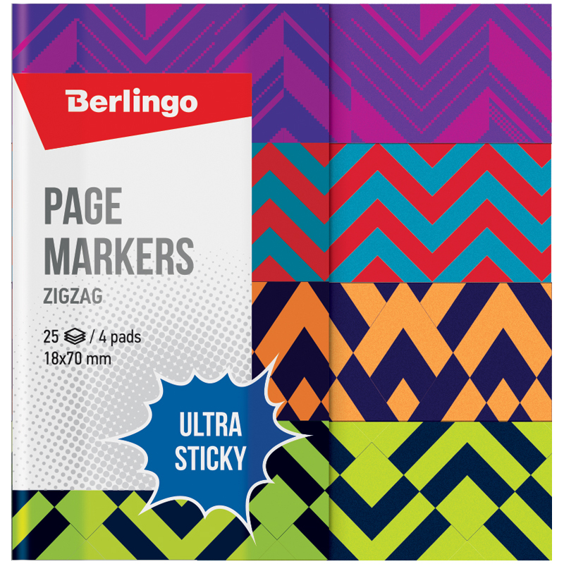 Флажки-закладки Berlingo "Ultra Sticky" "Zigzag", 18*70мм, бумажные, в книжке, с дизайном, 25л*4 блока