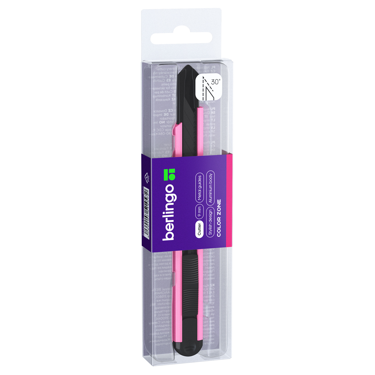 Нож канцелярский 9мм Berlingo "Color Zone", черное лезвие, auto-lock, металл. направл., розовый, евр