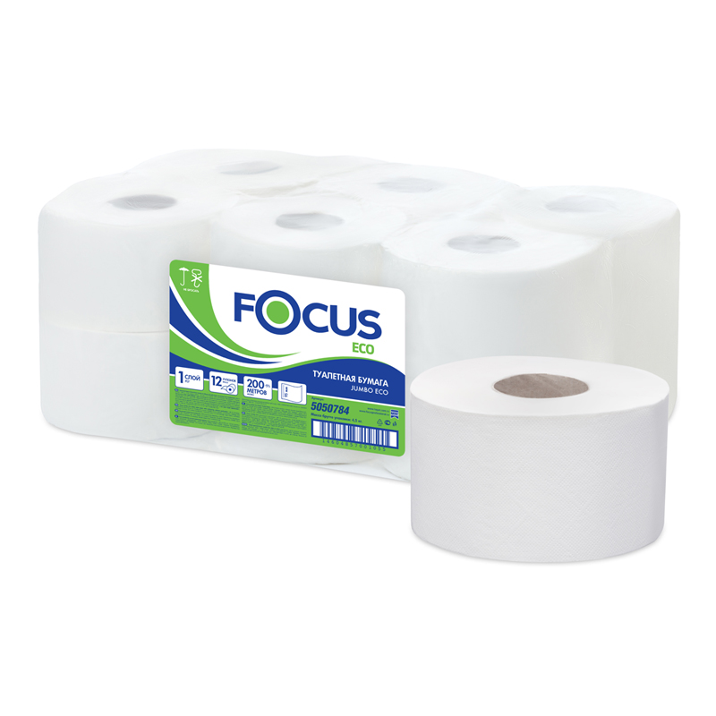 Бумага туалетная Focus Eco Jumbo, 1 слойн, 200м/рул., тиснение, белая