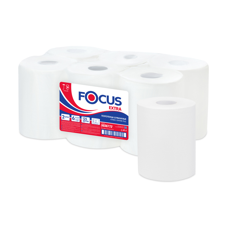 Полотенца бумажные в рулонах Focus Jumbo, 2-слойные, 125м/рул., ЦВ, белые