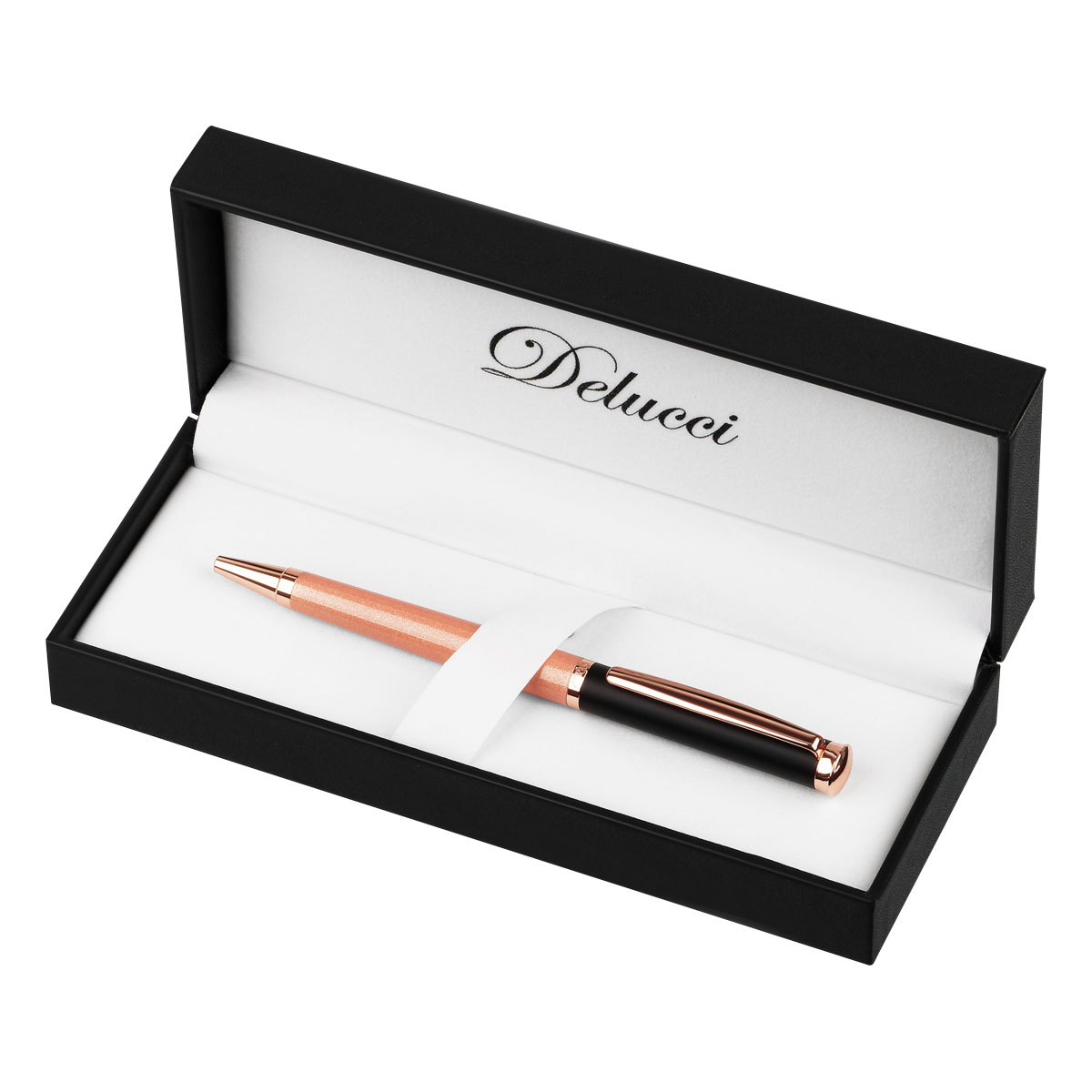 Ручка шариковая Delucci "Fenice" синяя, 1,0мм, корпус розовое золото/черный, поворотн., подарочная упаковка
