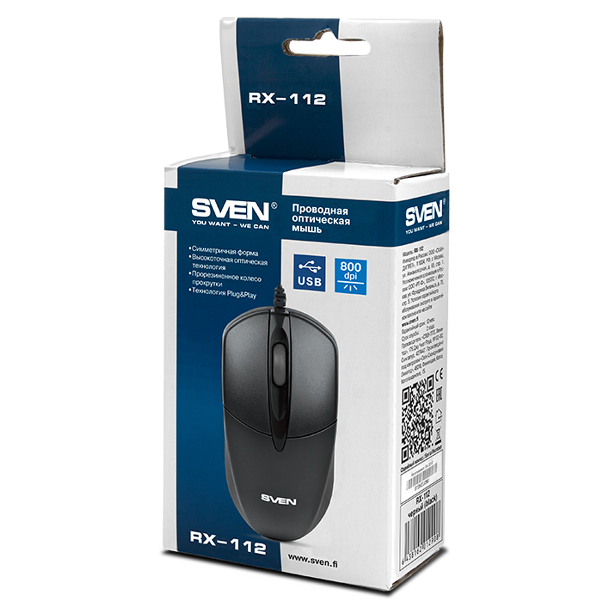 Мышь Sven RX-112, USB, черный, 2btn+Roll