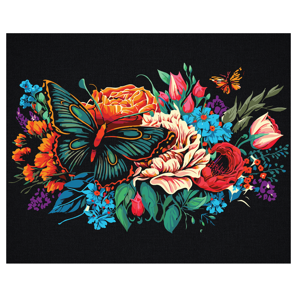 Картина по номерам на черном холсте ТРИ СОВЫ "Бабочка на цветах", 40*50, c акриловыми красками и кистями