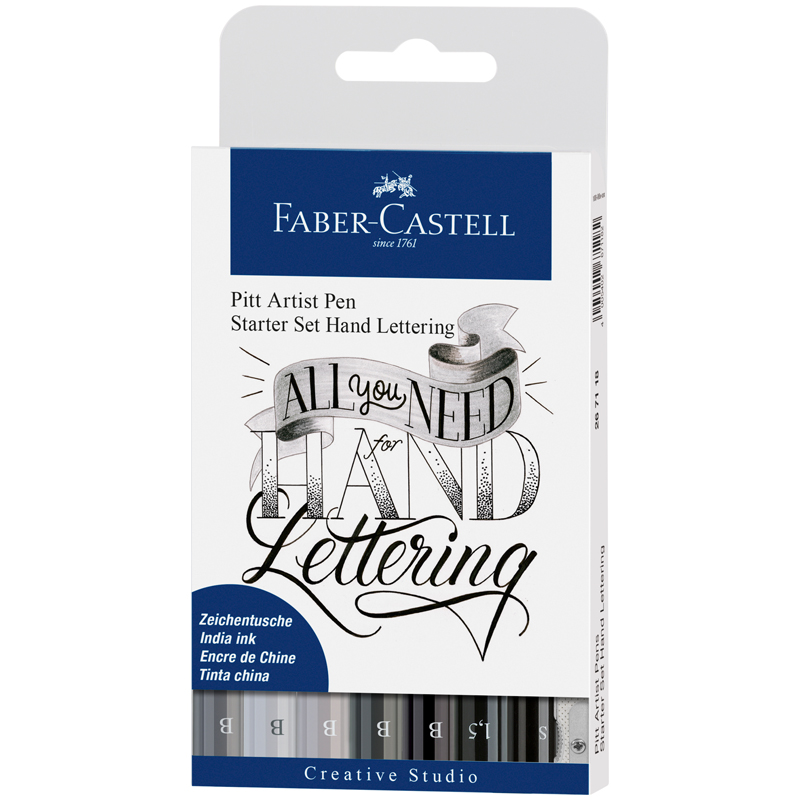 Набор капиллярных ручек Faber-Castell "Pitt Artist Pens Lettering Starter set" оттенки серого, 7шт., 0,3/1,5мм/Вrush+карандаш+точилка, европодвес