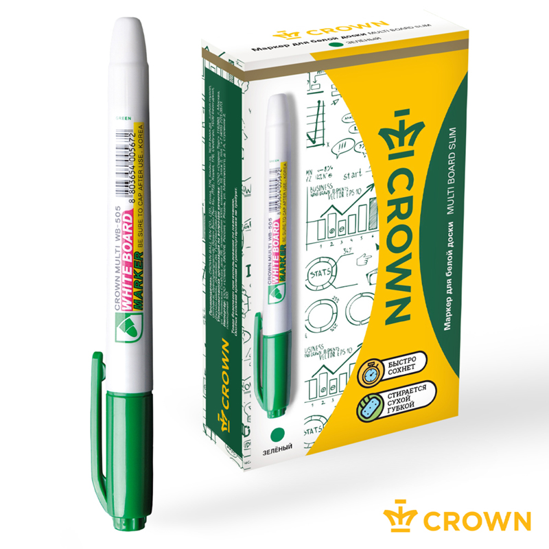 Маркер для белых досок Crown "Multi Board Slim" зеленый, пулевидный, 2мм