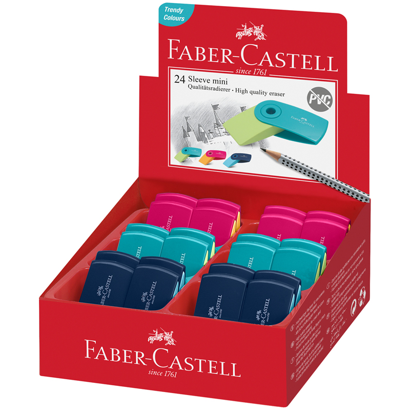Ластик Faber-Castell "Sleeve Mini", прямоугольный, 54*25*13мм, синий/розовый/голубой пластиковый фут