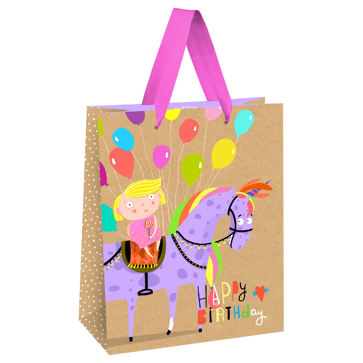 Пакет подарочный 18*23*10см MESHU "Happy Birthday. Unicorn", выб. лак, крафт, девочки