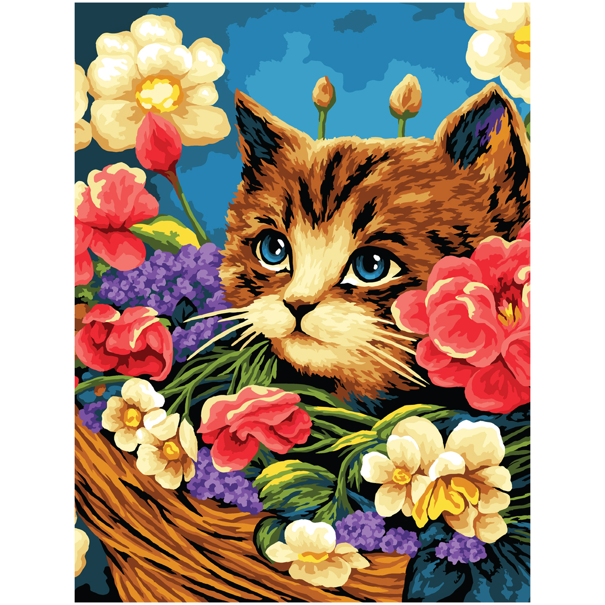 Картина по номерам на холсте ТРИ СОВЫ "Котенок в цветочной корзине", 40*50, с акриловыми красками и кистями