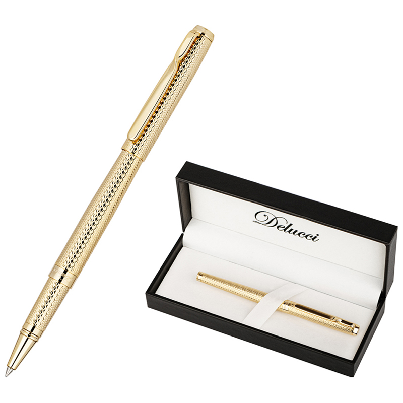 Ручка-роллер Delucci "Celeste" синяя, 0,6мм, цвет корпуса - золото, подарочная упаковка