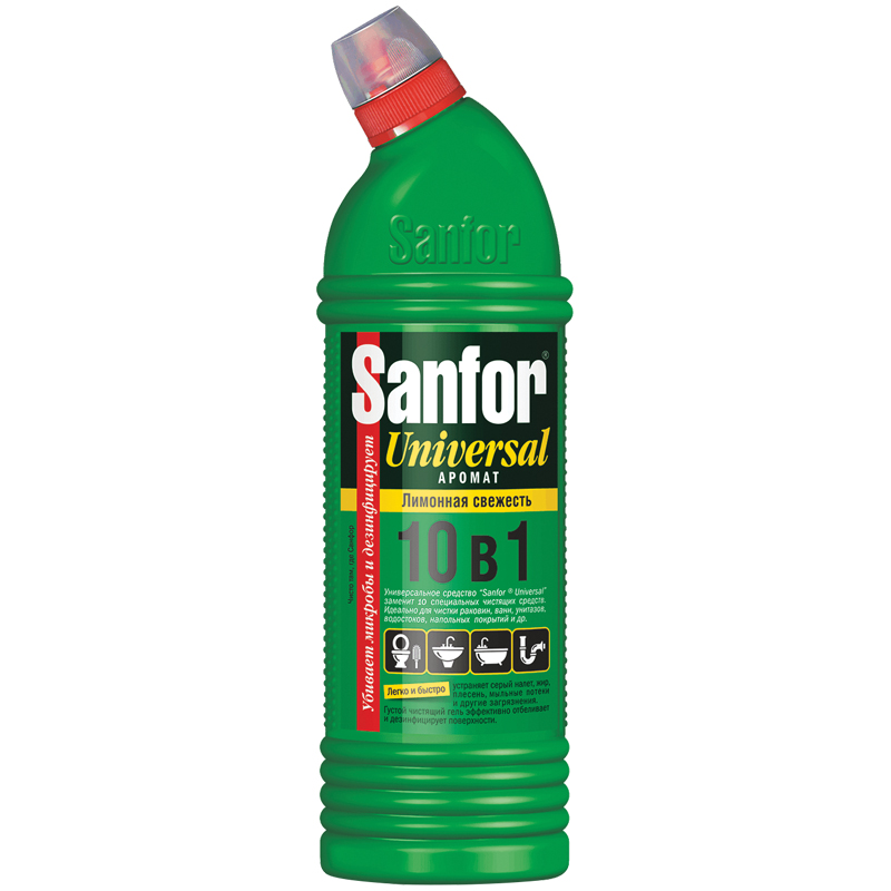 Чистящее средство для сантехники Sanfor "Universal 10в1. Лимонная свежесть", гель с хлором, 750мл