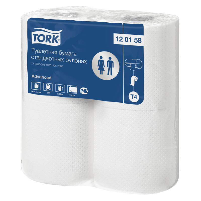Бумага туалетная Tork "Advanced"(Т4) 2-слойная, стандарт. рулон, 23м/рул., 4шт., тиснение, белая