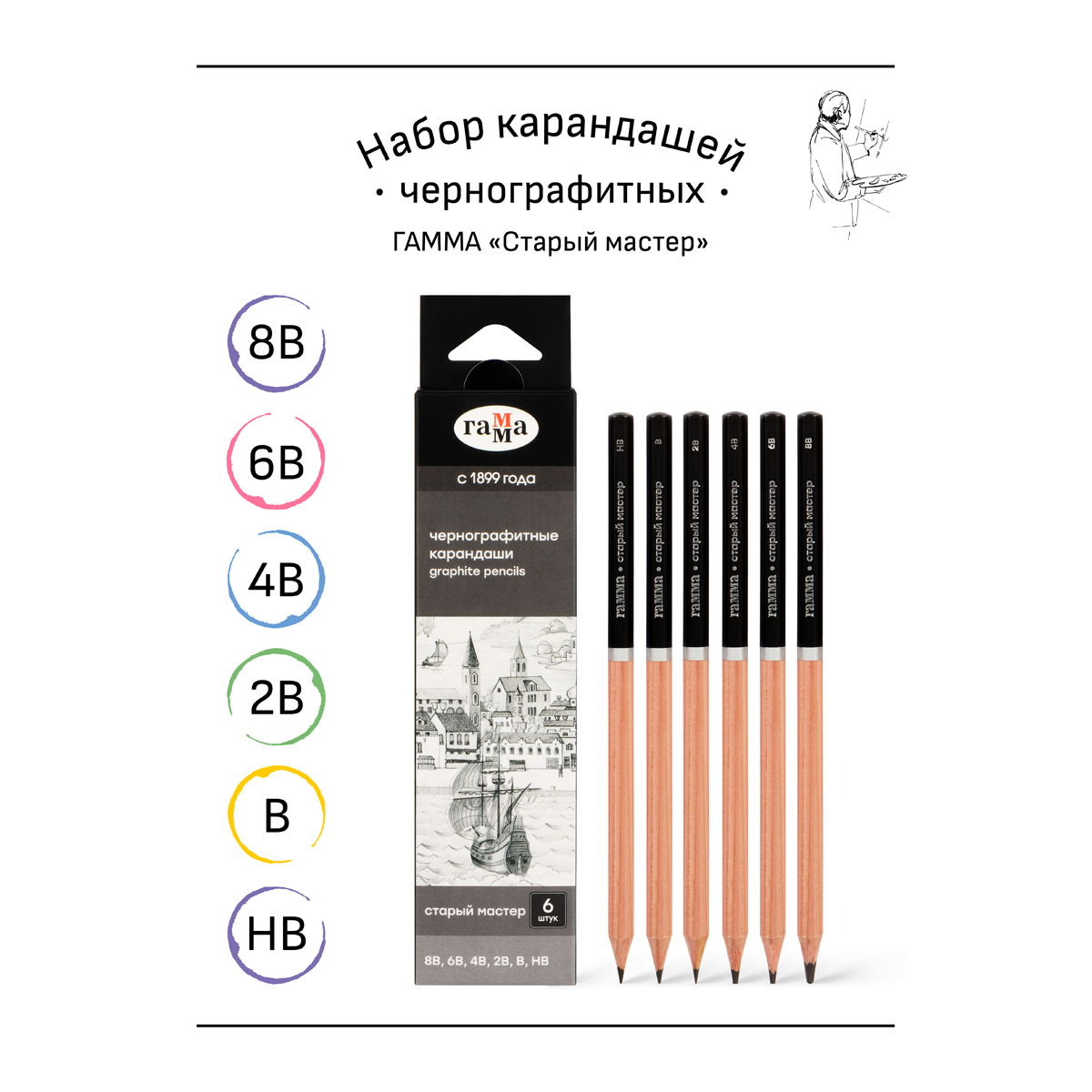 Набор карандашей ч/г Гамма 6шт., 8B-HB, картон. упаковка, европодвес