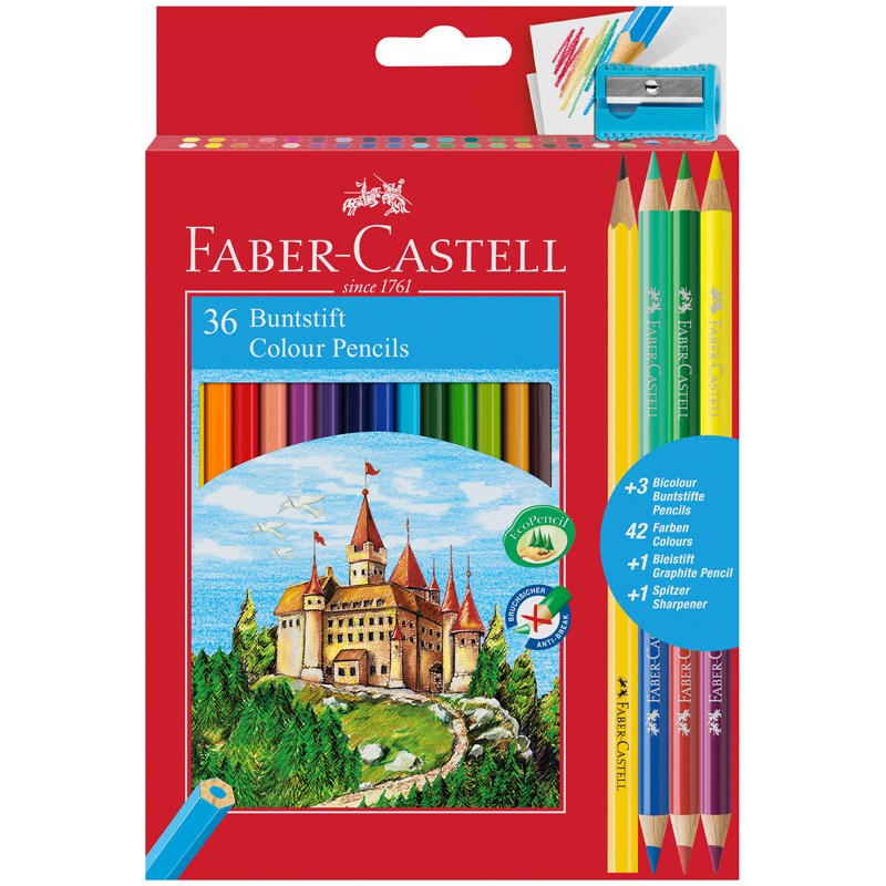 Карандаши цветные Faber-Castell "Замок", 36цв., шестигр., заточ.+6цв.+ч/г кар.+точилка, картон, европодвес