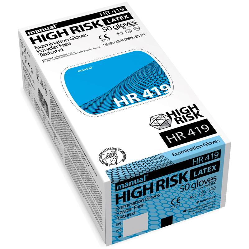 Перчатки латексные медицинские Manual "High Risk HR419", M, 50шт., неопудренные, особо прочные, карт