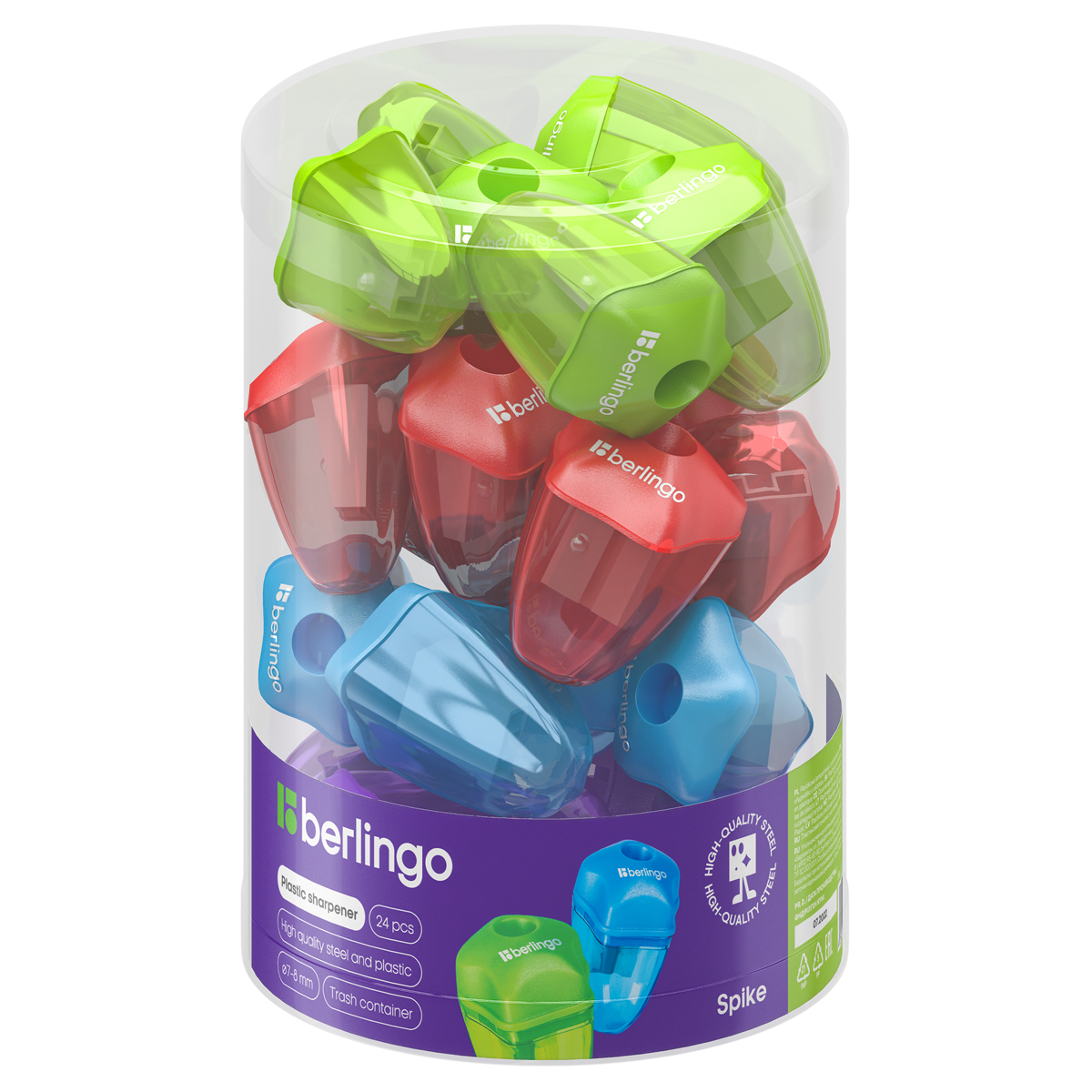Точилка пластиковая Berlingo "Spike" 1 отверстие, контейнер, ассорти, дисплей
