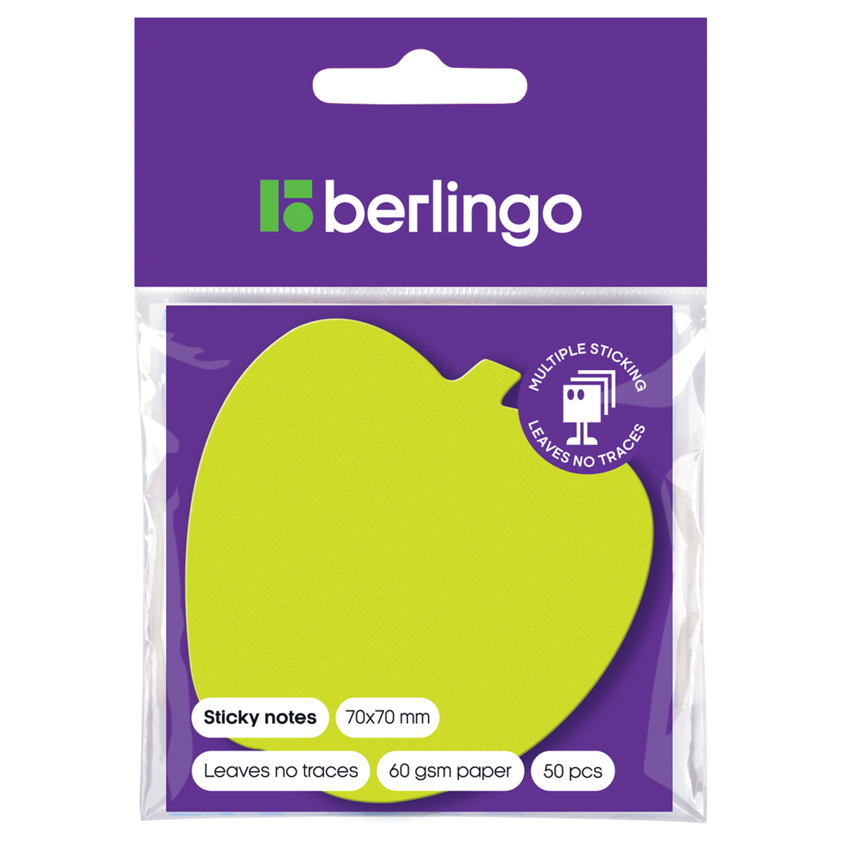 Самоклеящийся блок фигурный Berlingo "Яблоко", 70*70мм, 50л., зеленый неон, европодвес