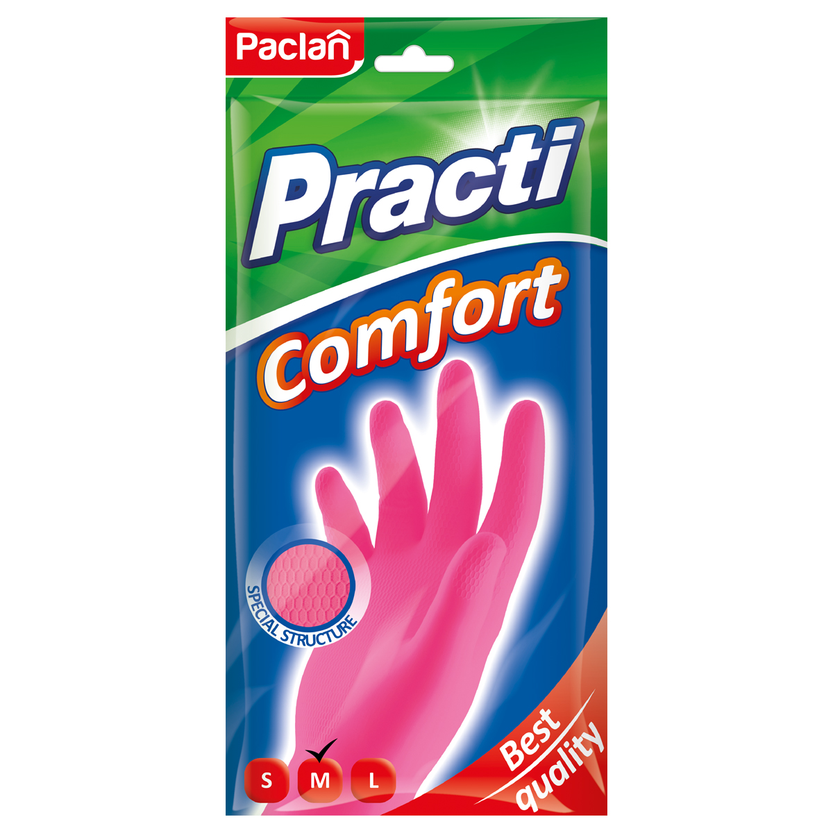Перчатки резиновые хозяйственные Paclan "Practi. Comfort", разм. М, х/б напыление, розовые, пакет с европодвесом