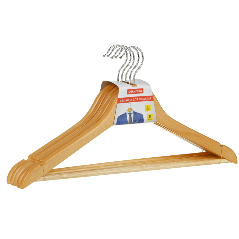 УЦЕНКА-Вешалка-плечики OfficeClean, набор 5шт., деревянные, с перекладиной, 45см, цвет натуральный