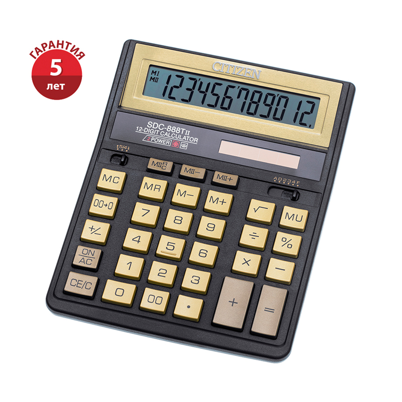 Калькулятор настольный Citizen SDC-888TIIGE, 12 разрядов, двойное питание, 158*203*31мм, черный/золото