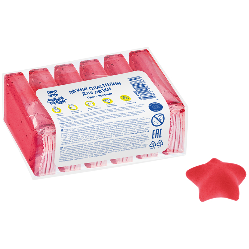Легкий пластилин для лепки Мульти-Пульти, красный, 6шт., 60г, прозрачный пакет