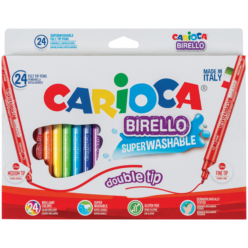 Фломастеры двусторонние Carioca "Birello", 24цв., 24шт., смываемые, картон, европодвес
