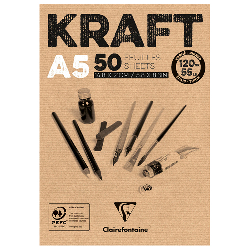 Скетчбук - блокнот 50л., А5 Clairefontaine "Kraft", на склейке, верже, крафт, 120г/м2