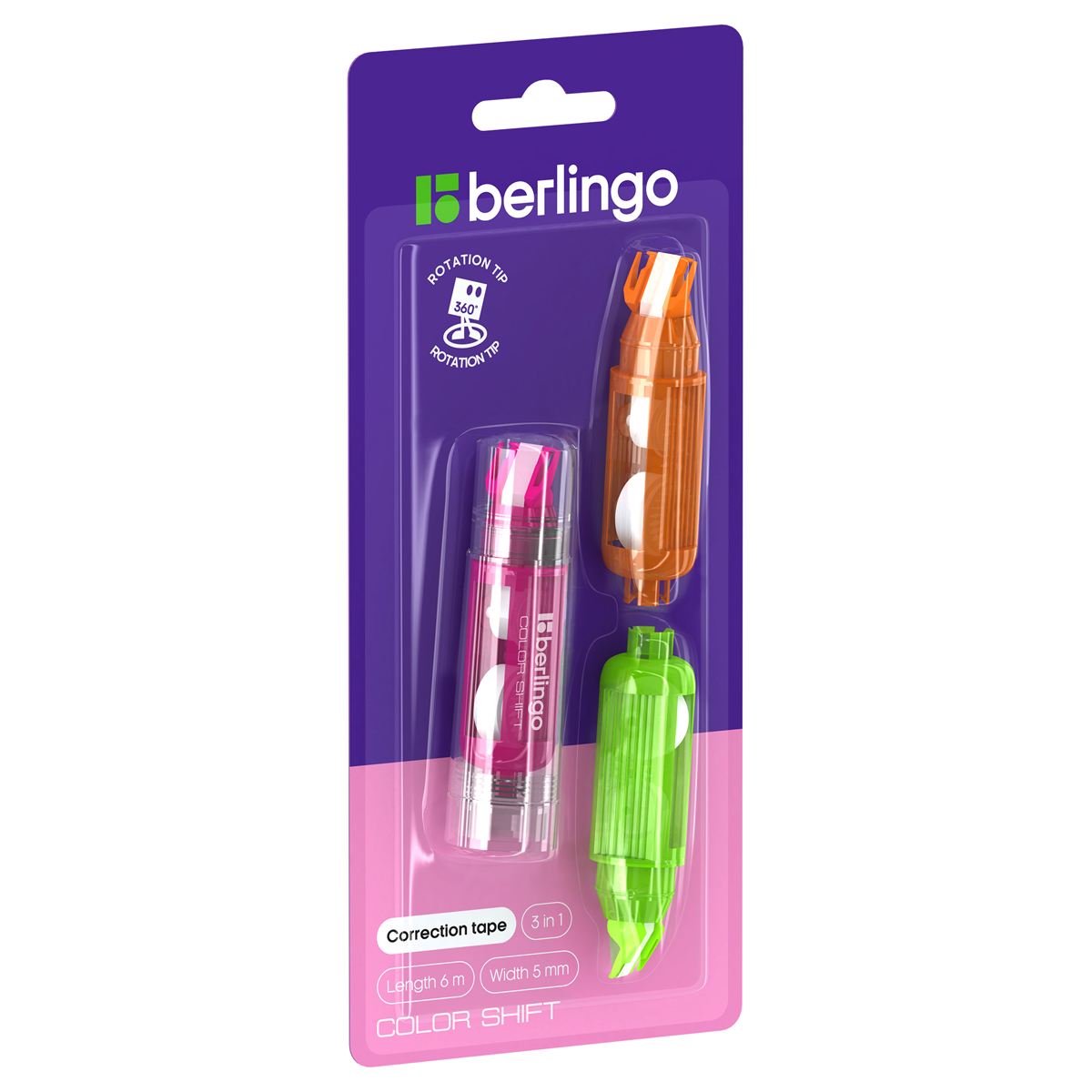 Корректирующая лента Berlingo "Color Shift" + 2 сменных картриджа в комплекте, 5мм*6м, блистер с евр