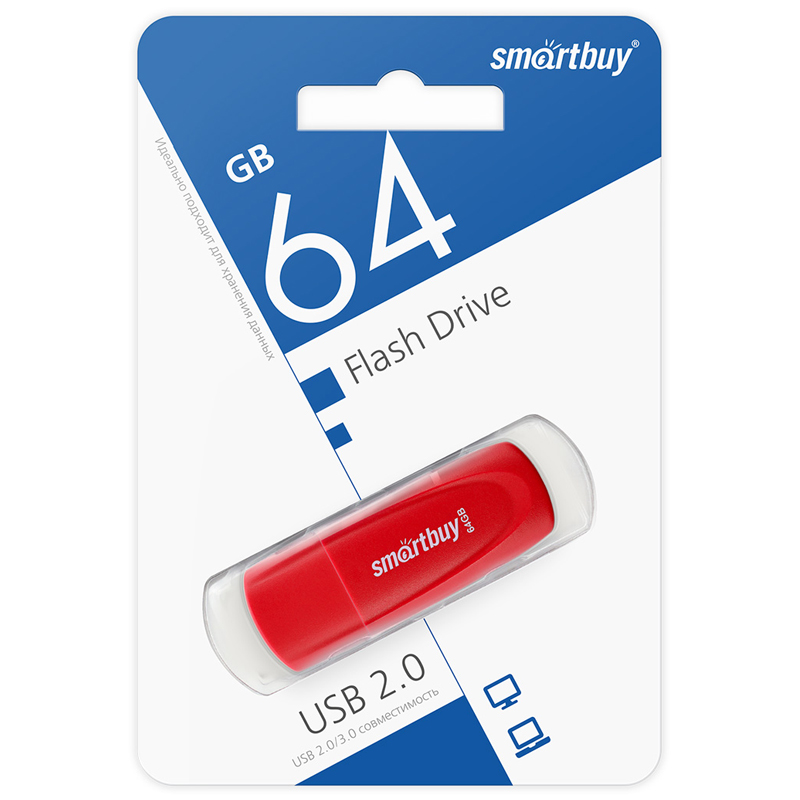 Память Smart Buy "Scout" 64GB, USB 2.0 Flash Drive, красный