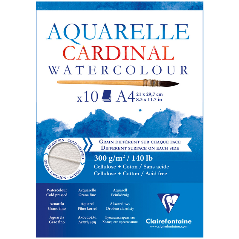 Альбом для акварели, 10л., А4, на склейке Clairefontaine "Cardinal", 300г/м2, торшон, холод. пресс., 30% хлопок