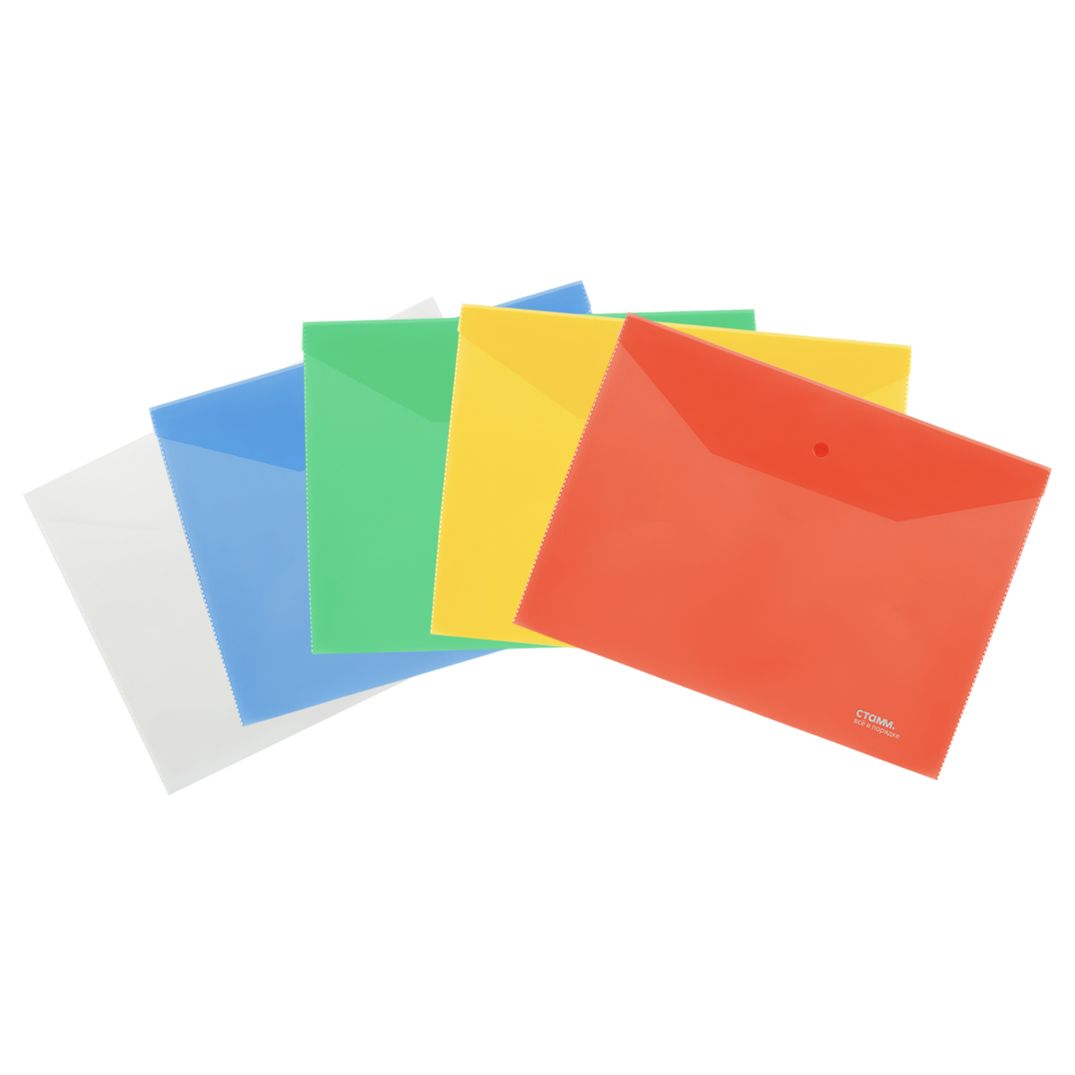 Папка-конверт на кнопке СТАММ В5, 180мкм, пластик, прозрачная, ассорти