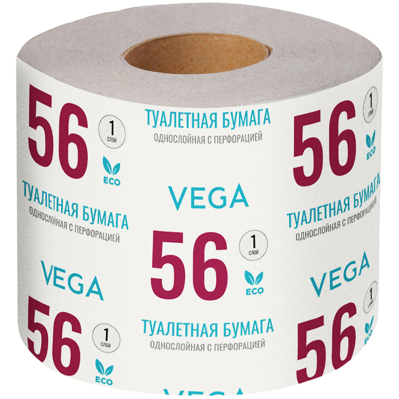 Бумага туалетная Vega, 1-слойная, 56м/рул., на втулке, с перф., серая