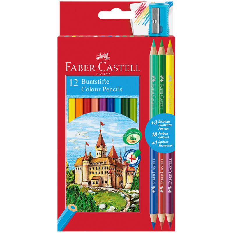 Карандаши цветные Faber-Castell "Замок", 12цв., шестигр., заточ.+6цв.+точилка, картон, европодвес