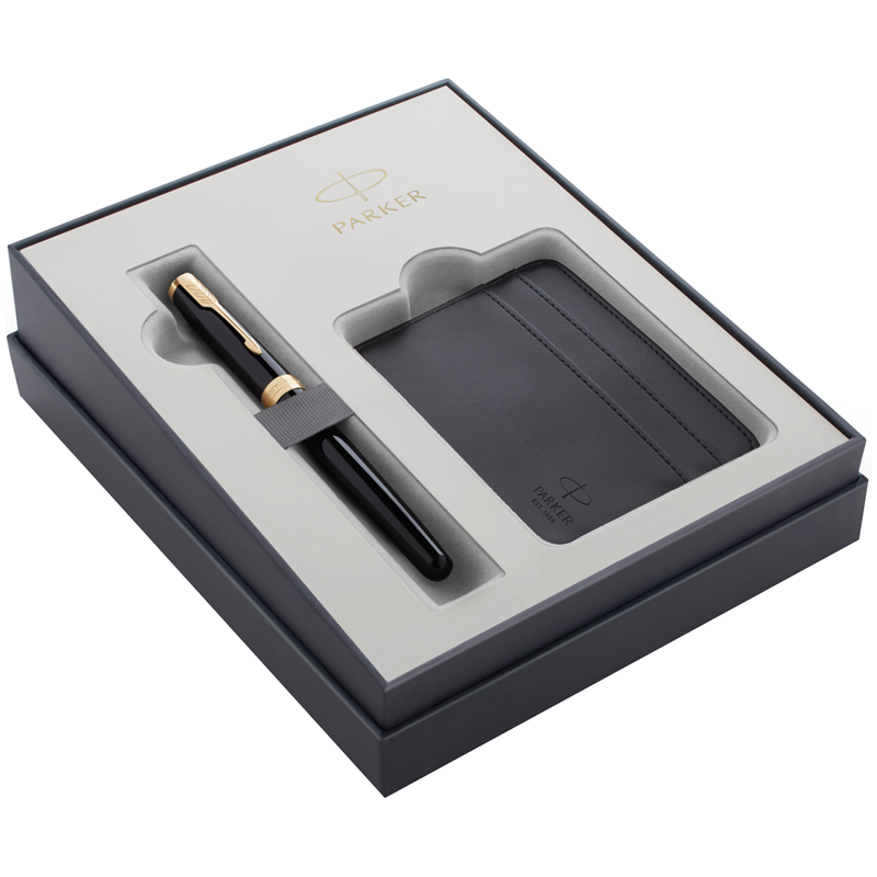 Набор Parker "Sonnet Black GT": ручка перьевая 1,0мм и визитница из экокожи, подарочная упаковка