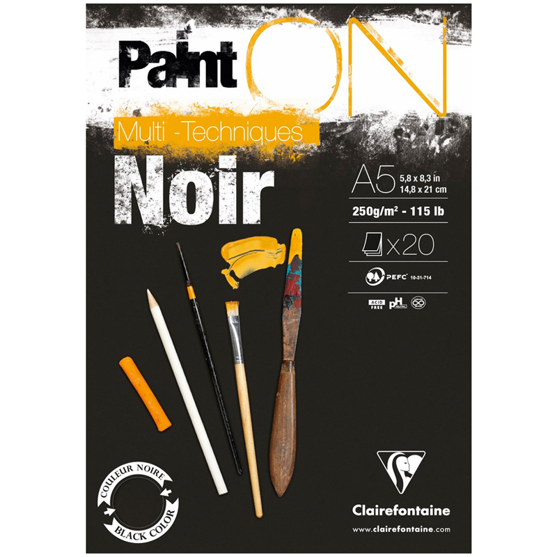 Скетчбук - альбом для смешанных техник 20л., А5 Clairefontaine "Paint ON Noir", на склейке, черный, 250г/м2