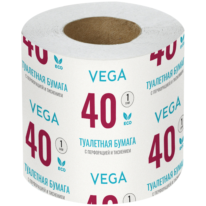 Бумага туалетная Vega, 1-слойная, 40м/рул., на втулке, с перф., с тиснением, белая