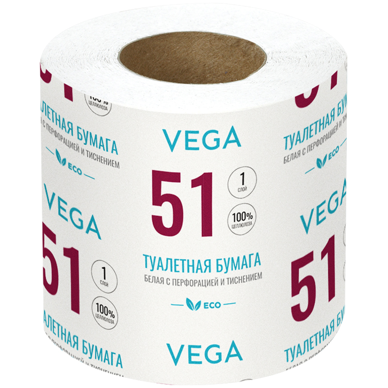 Бумага туалетная Vega, 1-слойная, 51м/рул., на втулке, с перф., с тиснением, белая