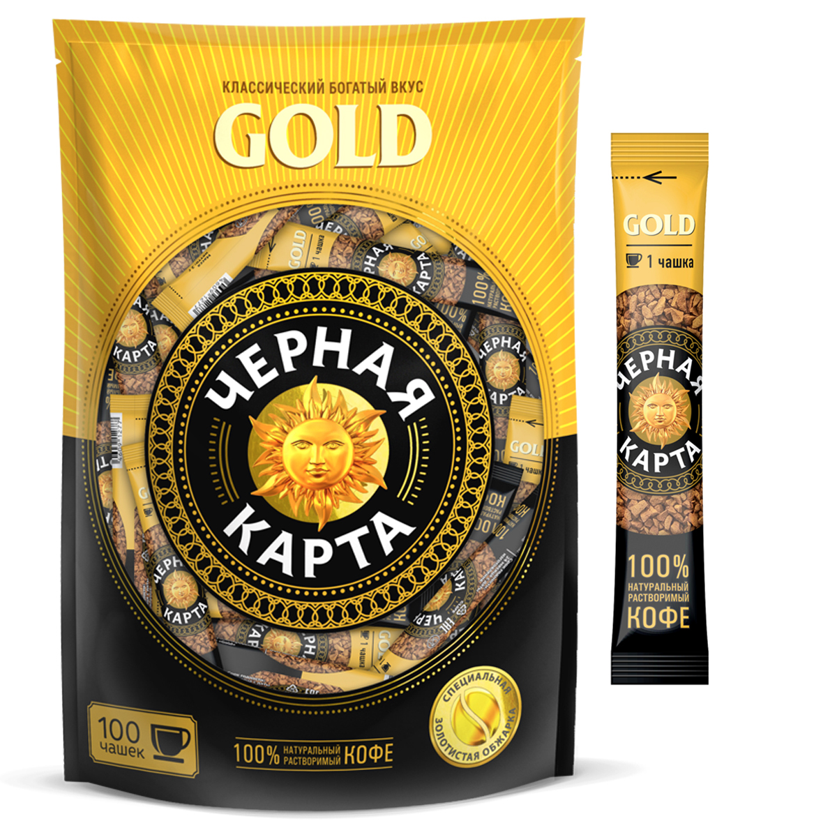Кофе растворимый Черная Карта "Gold", порционный, 100 пакетиков 2г, пакет