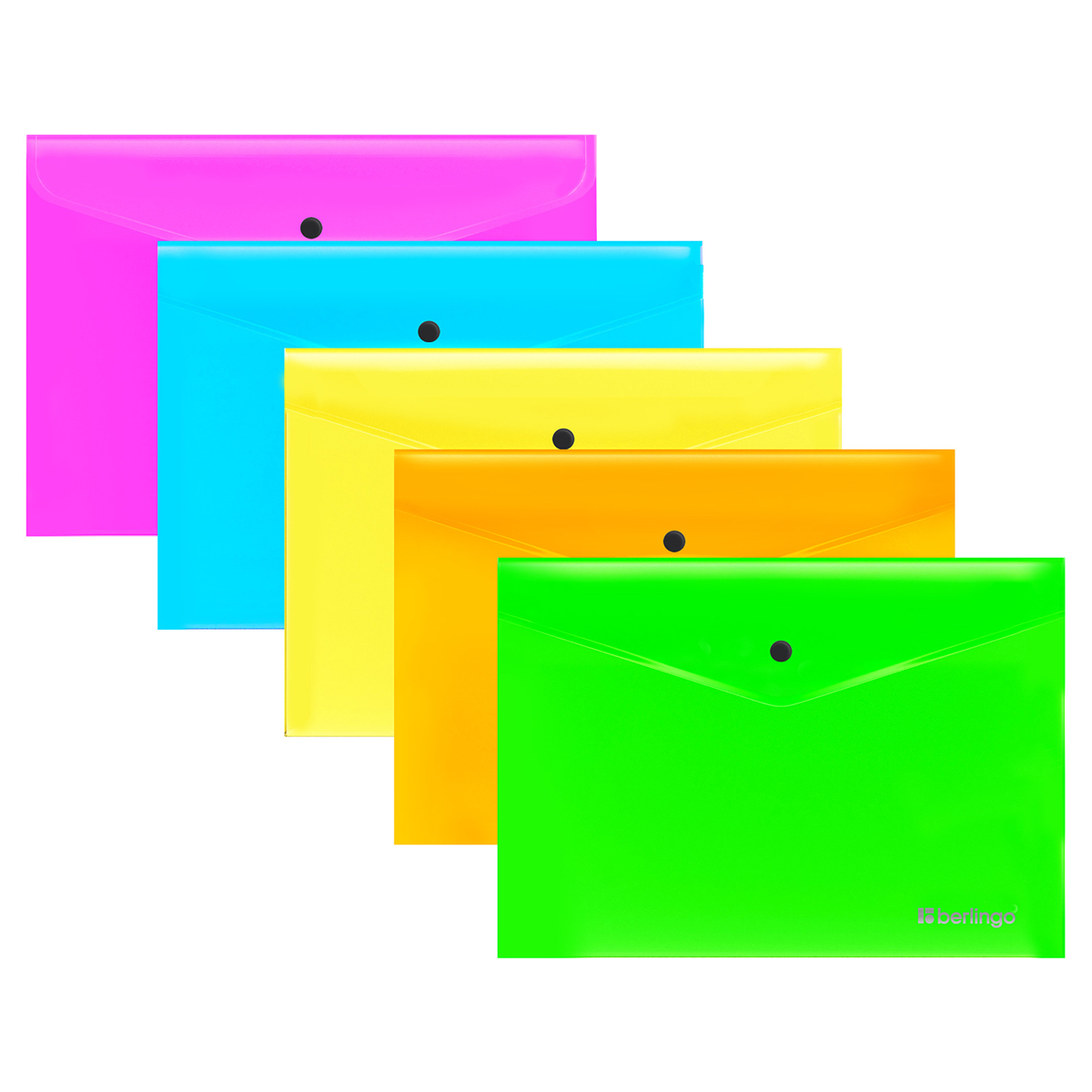 Папка-конверт на кнопке Berlingo "Neon" А4, 200мкм, ассорти неоновых цветов