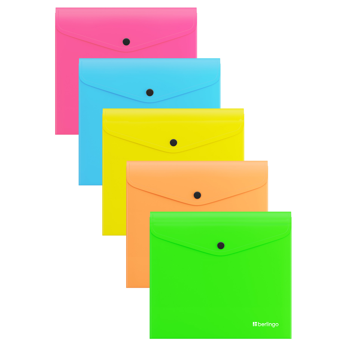 Папка-конверт на кнопке Berlingo "Neon" А5+, 200мкм, ассорти неоновых цветов
